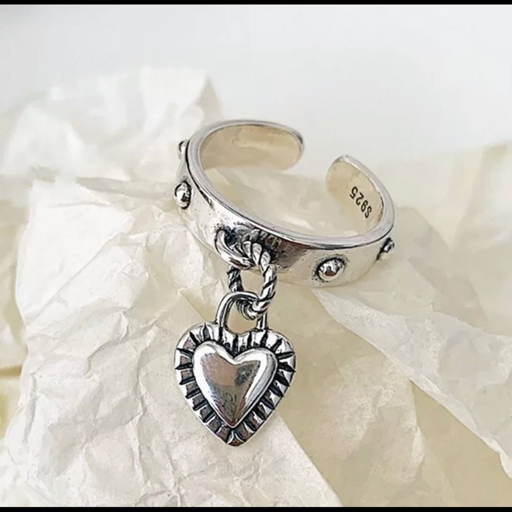 Silver adjustable heart charm ring